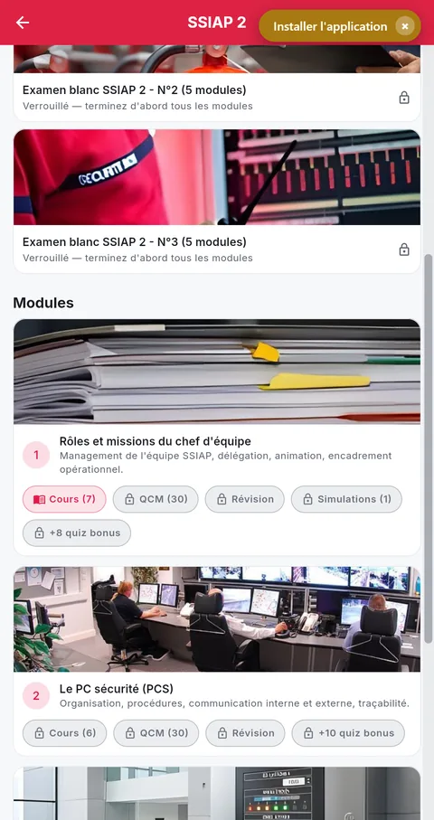 Formation SSIAP 2 : les modules du chef d'équipe, avec leurs cours, QCM, révisions et simulations.