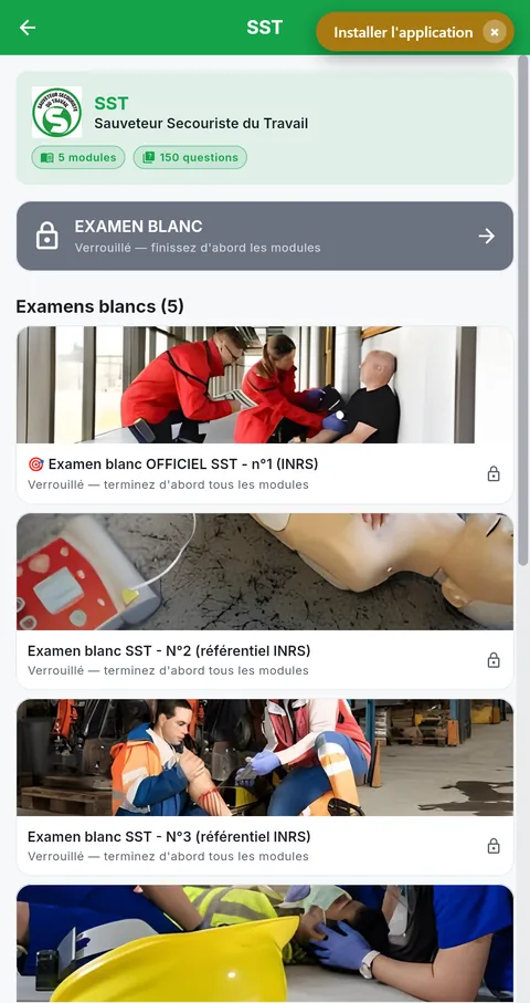 Formation SST : cinq examens blancs au référentiel INRS.
