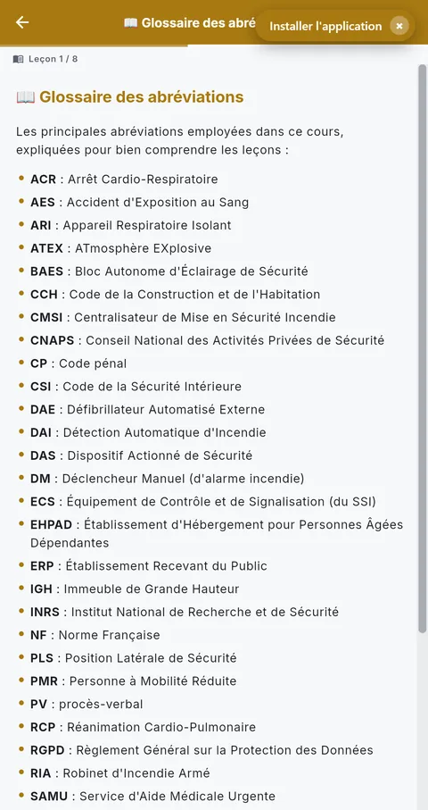 Une leçon ouverte dans l'application, avec sa progression et le bouton pour passer à la suivante.